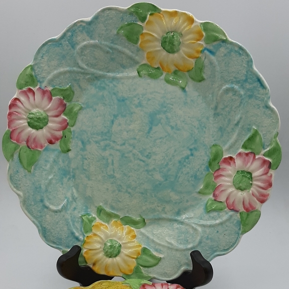 Vintage James Kent Ltd Fenton Majolica Floral Plate Made England Blue & Yellow - Picture 2 of 9